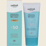 Wotnot Natural Zinc Sunscreen and BB Cream SPF 50 Beige 50g tube and box on a white background.