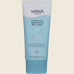 Wotnot Natural Zinc Sunscreen and BB Cream SPF 50 Nude 50g tube with floral illustrations.