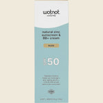 Wotnot Natural Zinc Sunscreen and BB Cream SPF 50 Nude 50g retail box with floral illustrations on a white background.