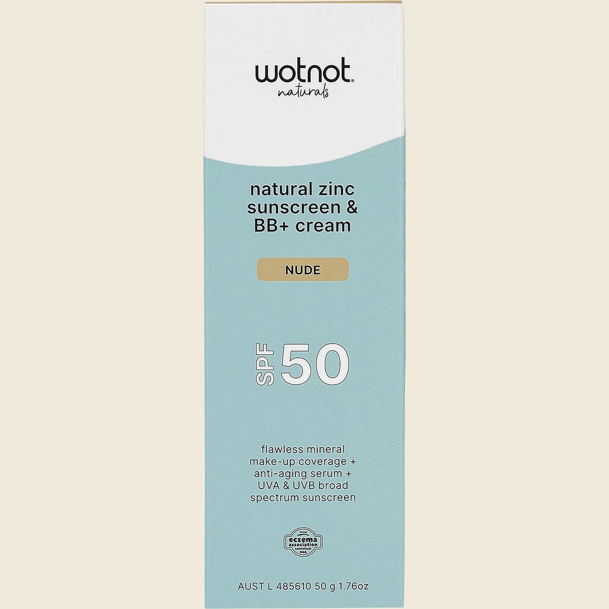 Wotnot Natural Zinc Sunscreen and BB Cream SPF 50 Nude 50g retail box with floral illustrations on a white background.