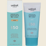 Wotnot Natural Zinc Sunscreen and BB Cream SPF 50 Nude 50g tube and box featuring floral illustrations.