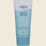 50g tube of Wotnot Natural Zinc Sunscreen & BB+ Cream SPF 50 Tan on a white background.