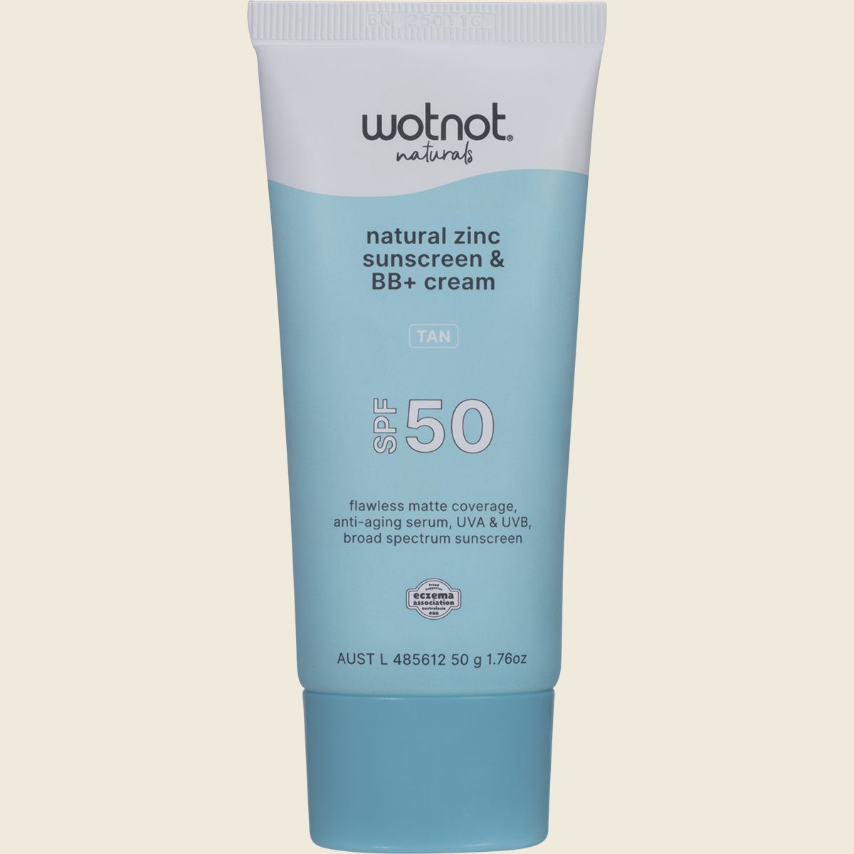 50g tube of Wotnot Natural Zinc Sunscreen & BB+ Cream SPF 50 Tan on a white background.