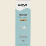 Wotnot SPF 50 Tan BB Cream box featuring a white background with green and orange floral illustrations.