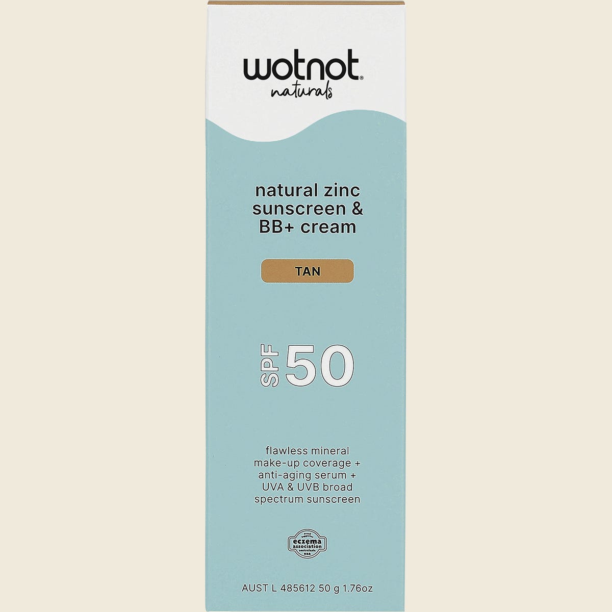 Wotnot SPF 50 Tan BB Cream box featuring a white background with green and orange floral illustrations.