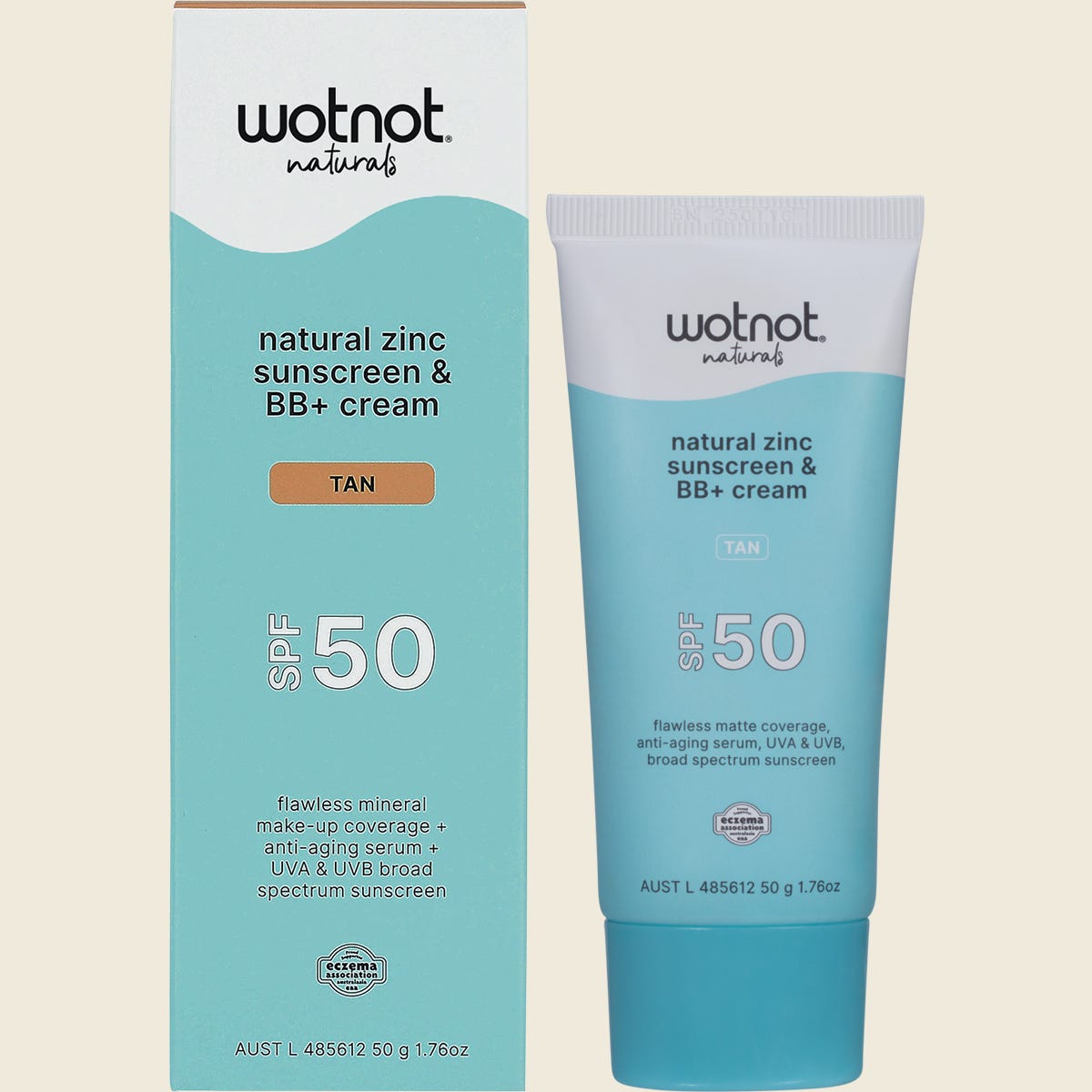 Wotnot Natural Zinc Sunscreen and BB+ Cream SPF 50 Tan 50g tube and box on a white background.