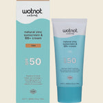 Wotnot Natural Zinc Sunscreen and BB+ Cream SPF 50 Tan 50g tube and box on a white background.