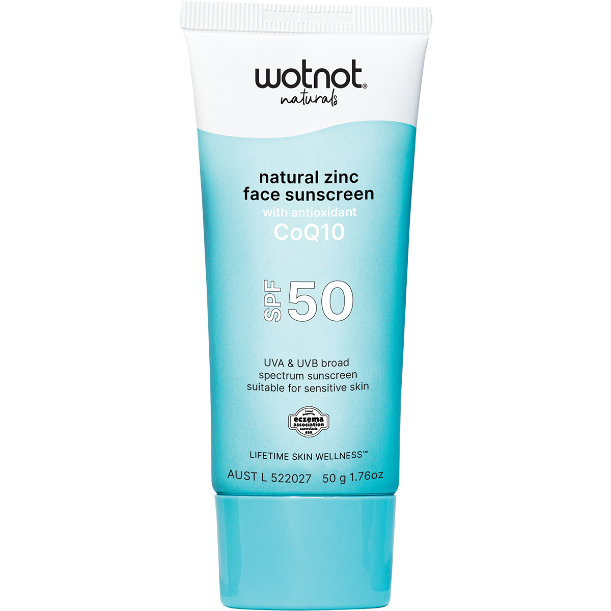 A squeeze tube of Wotnot Naturals Natural Zinc Face Sunscreen with Deodorant, CoQ10, SPF 50, in a bright cyan and white color scheme, shown on a plain white background.