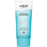 A squeeze tube of Wotnot Naturals Natural Zinc Face Sunscreen with Deodorant, CoQ10, SPF 50, in a bright cyan and white color scheme, shown on a plain white background.