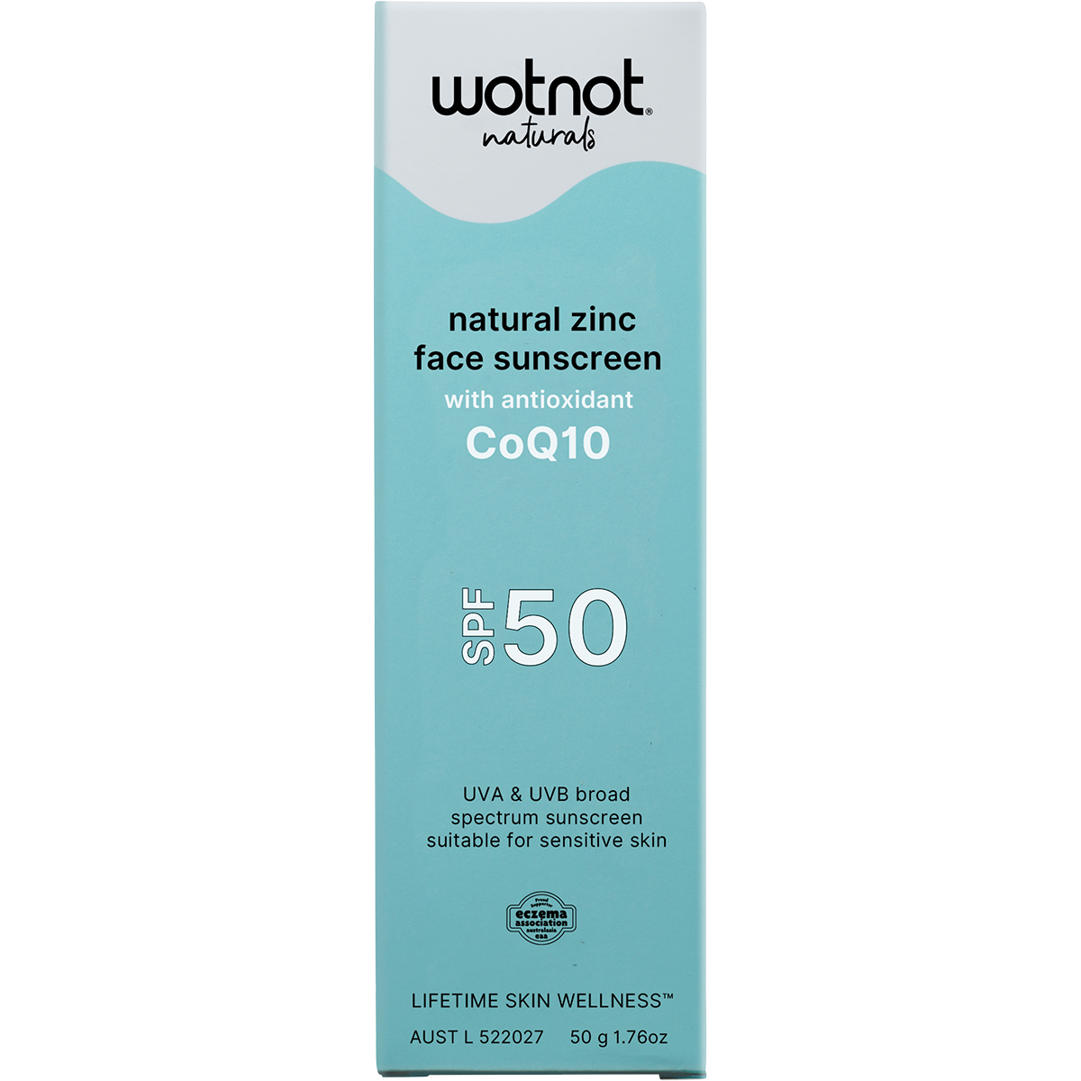 Wotnot Naturals Natural Zinc Face Sunscreen SPF 50 in a tall, narrow light blue and white box, shown against a plain white background.