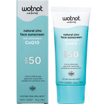 Wotnot Naturals Natural Zinc Face Sunscreen SPF 50, shown as a white squeeze tube with a light blue cap next to its matching light blue and white retail box.