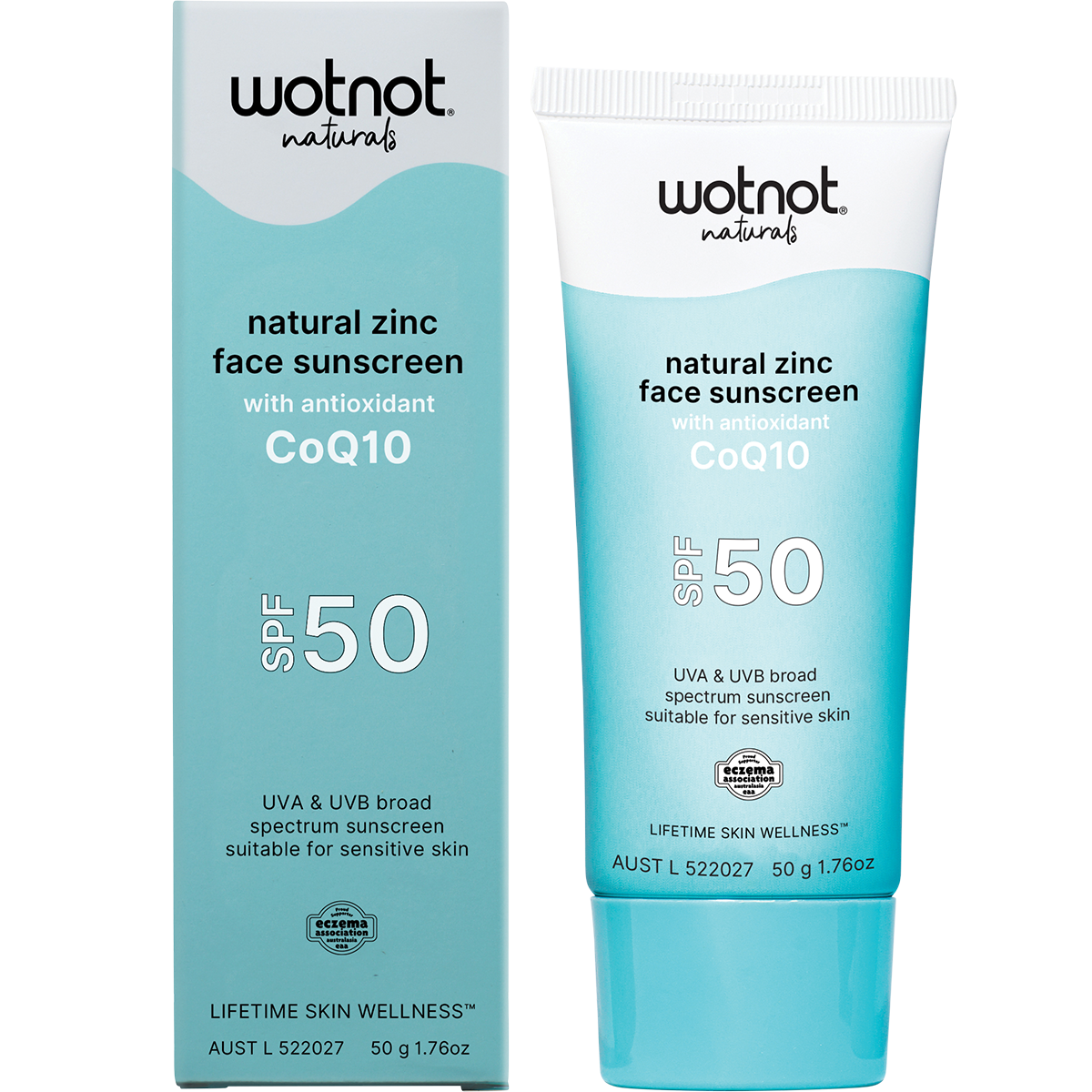 Wotnot Naturals Natural Zinc Face Sunscreen SPF 50, shown as a white squeeze tube with a light blue cap next to its matching light blue and white retail box.