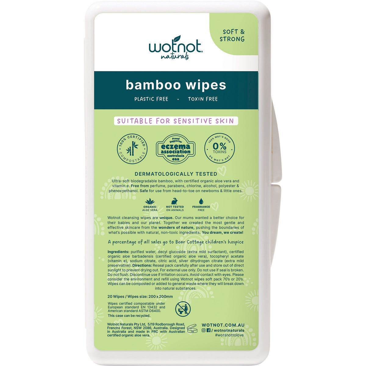 Wotnot Natural Baby Wipes 20-pack in a white travel hard case with a green leaf logo.
