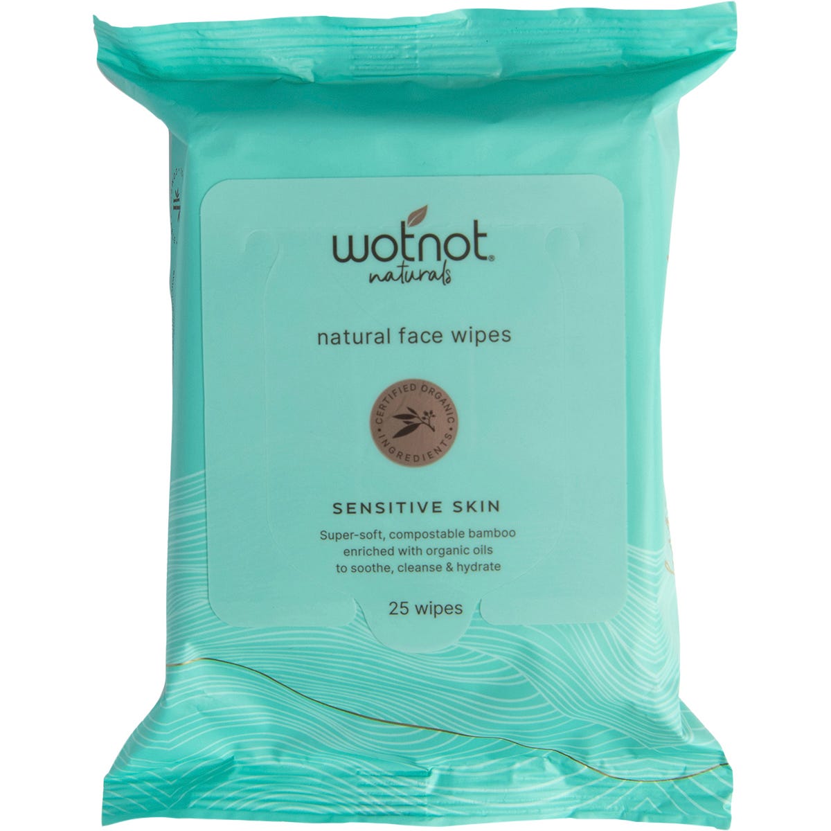 Wotnot Natural Face Wipes Sensitive 25 Pack with organic aloe vera and rosehip oil in a white and gold soft pack.