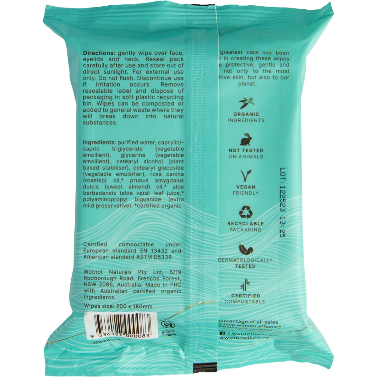 Back of Wotnot Sensitive Face Wipes pack showing ingredients, certifications, and directions for use.