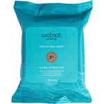 25 pack of Wotnot Natural Ultra-Hydrating Face Wipes in a light blue resealable soft pack.