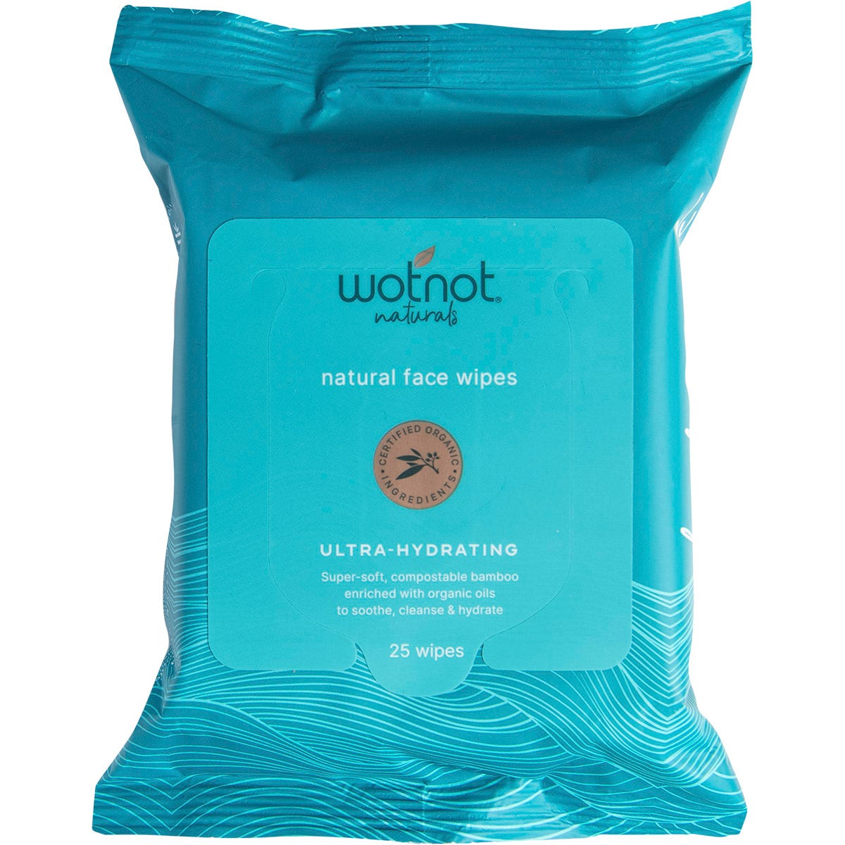 25 pack of Wotnot Natural Ultra-Hydrating Face Wipes in a light blue resealable soft pack.