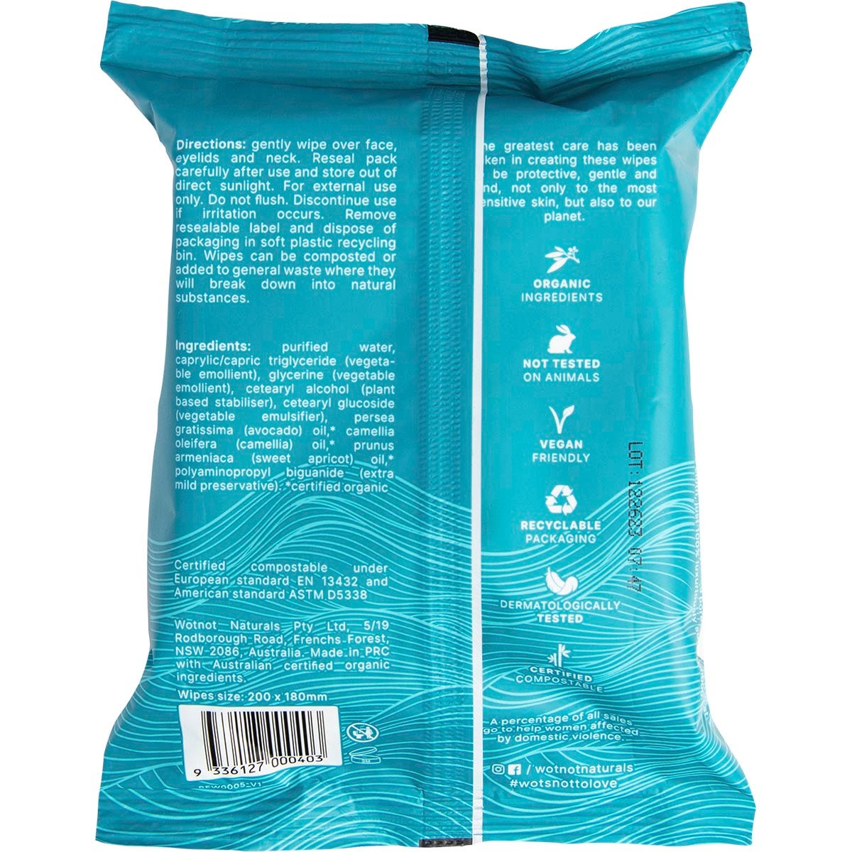 Back of Wotnot Ultra-Hydrating Face Wipes pack with ingredients, benefits, and organic certification details.