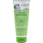 100g tube of Wotnot Natural Sunscreen SPF 30 for babies with sensitive skin, featuring a mother and child illustration.