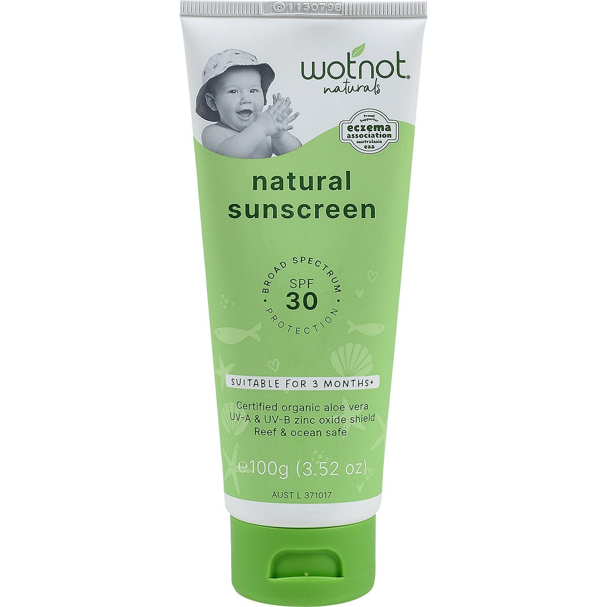 100g tube of Wotnot Natural Sunscreen SPF 30 for babies with sensitive skin, featuring a mother and child illustration.