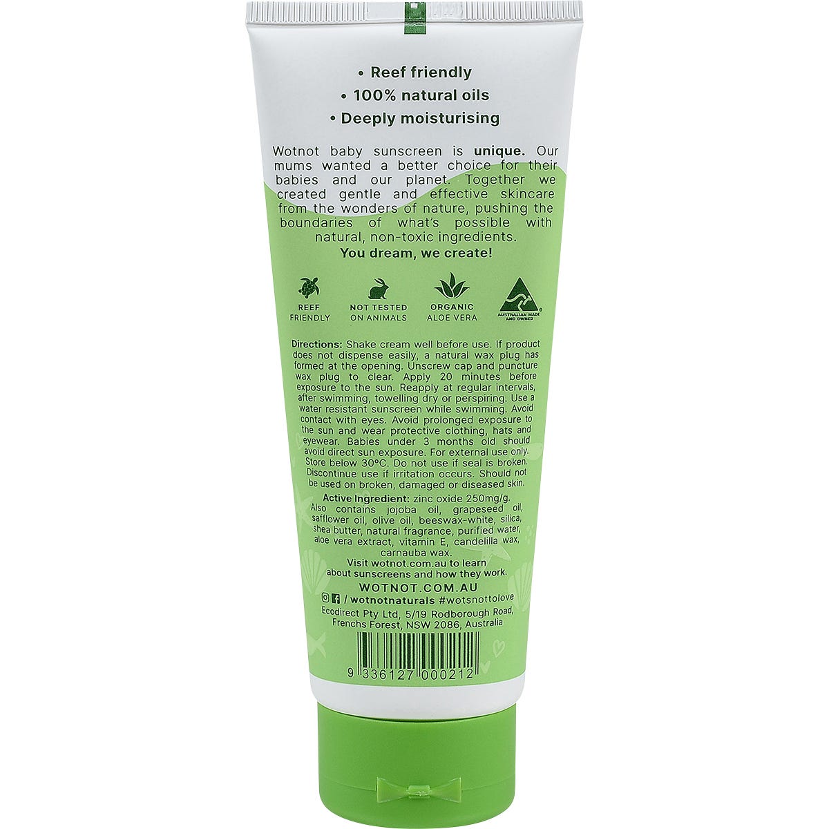 Back of Wotnot Natural Sunscreen tube with ingredients, directions for use, and drug facts.