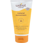 150g tube of Wotnot Natural Sunscreen SPF 30 for sensitive skin featuring a white cap and yellow sun graphic.