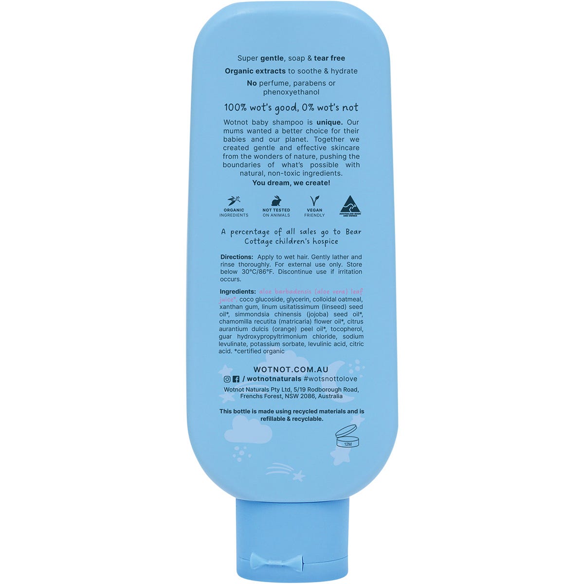 Back of Wotnot Baby Shampoo bottle with ingredients, directions for use, and a recycled plastic logo.