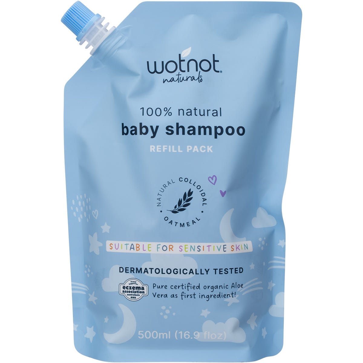 500ml refill pouch of Wotnot Baby Shampoo for sensitive skin with aloe vera and colloidal oatmeal.