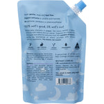 Back of Wotnot Baby Shampoo 500ml refill pouch showing ingredients, directions, and sensitive skin suitability.