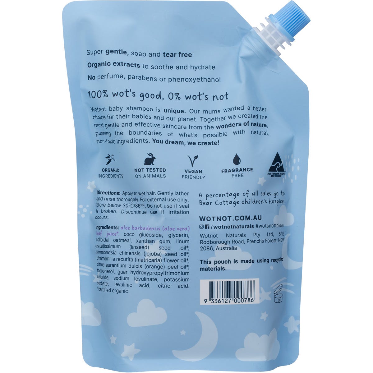 Back of Wotnot Baby Shampoo 500ml refill pouch showing ingredients, directions, and sensitive skin suitability.