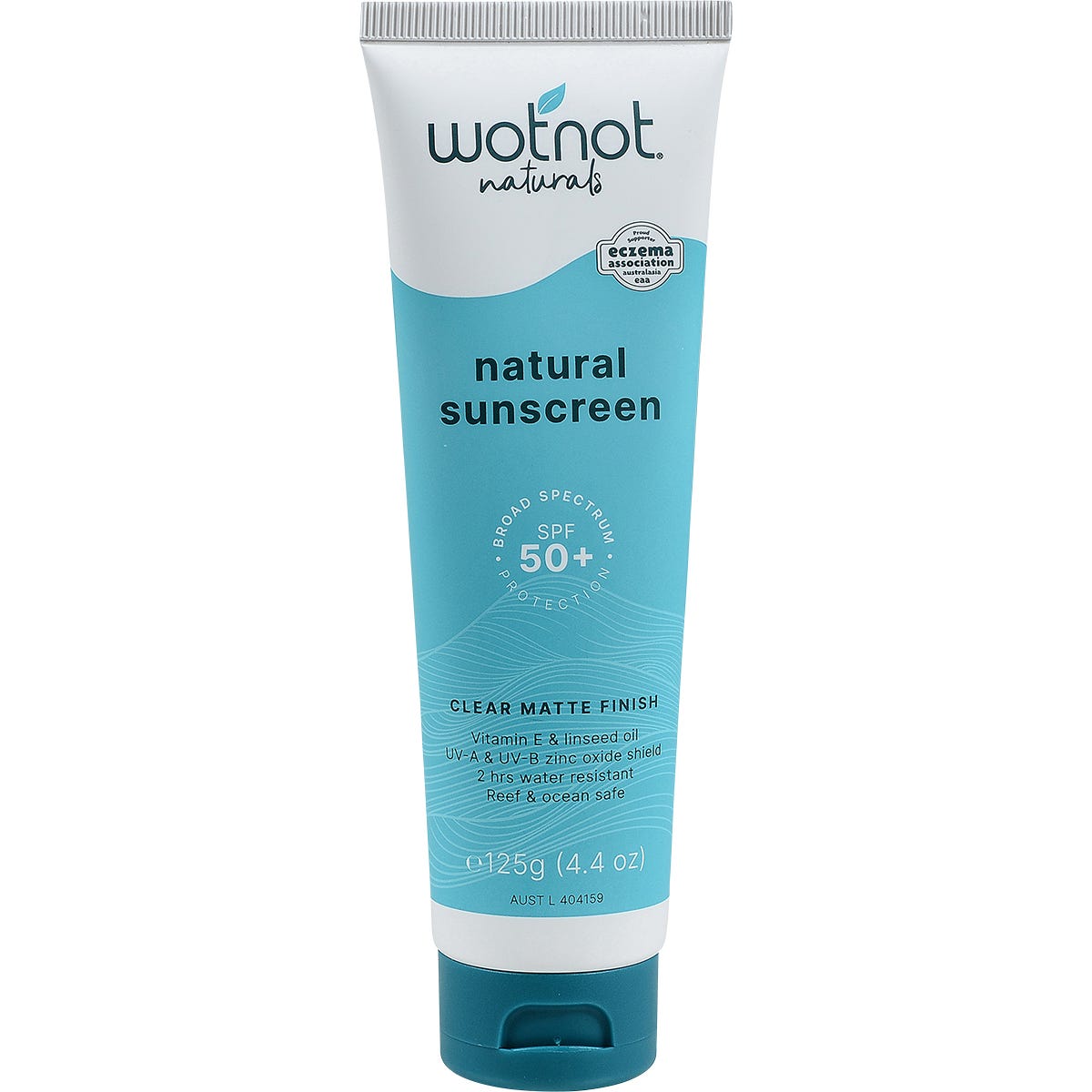 125g tube of Wotnot Natural Sunscreen SPF 50+ featuring a matte finish and zinc oxide for sensitive skin.