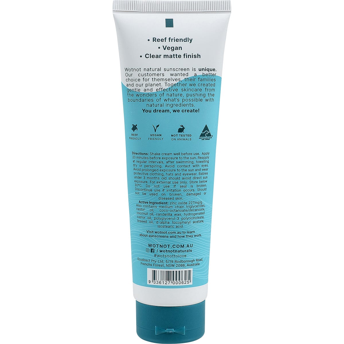 Back of Wotnot Natural Sunscreen SPF 50+ tube with ingredients, directions, and warnings on a white background.