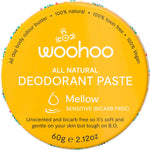 Woohoo Body Mellow 60g sensitive deodorant paste in a circular recyclable silver tin with a blue and white label.