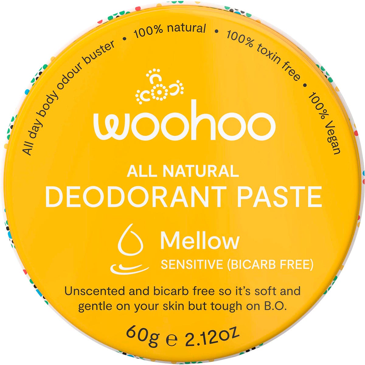 Woohoo Body Mellow 60g sensitive deodorant paste in a circular recyclable silver tin with a blue and white label.