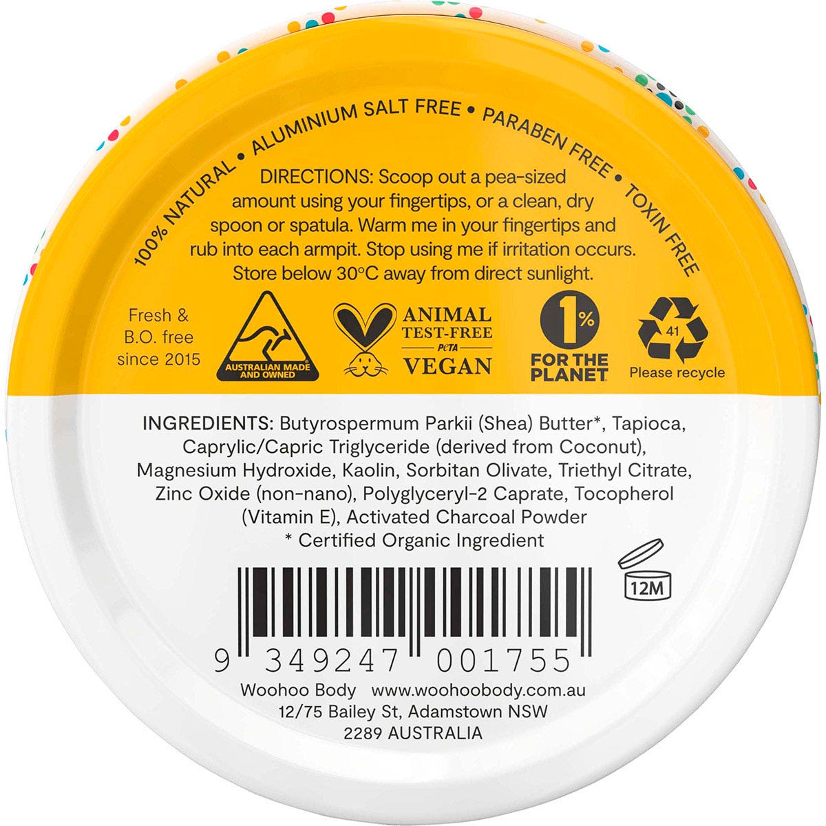 Back of Woohoo Mellow deodorant tin with ingredients, directions, and Australian made and vegan logos.