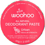 60g tin of Woohoo Body Urban regular strength natural deodorant paste.