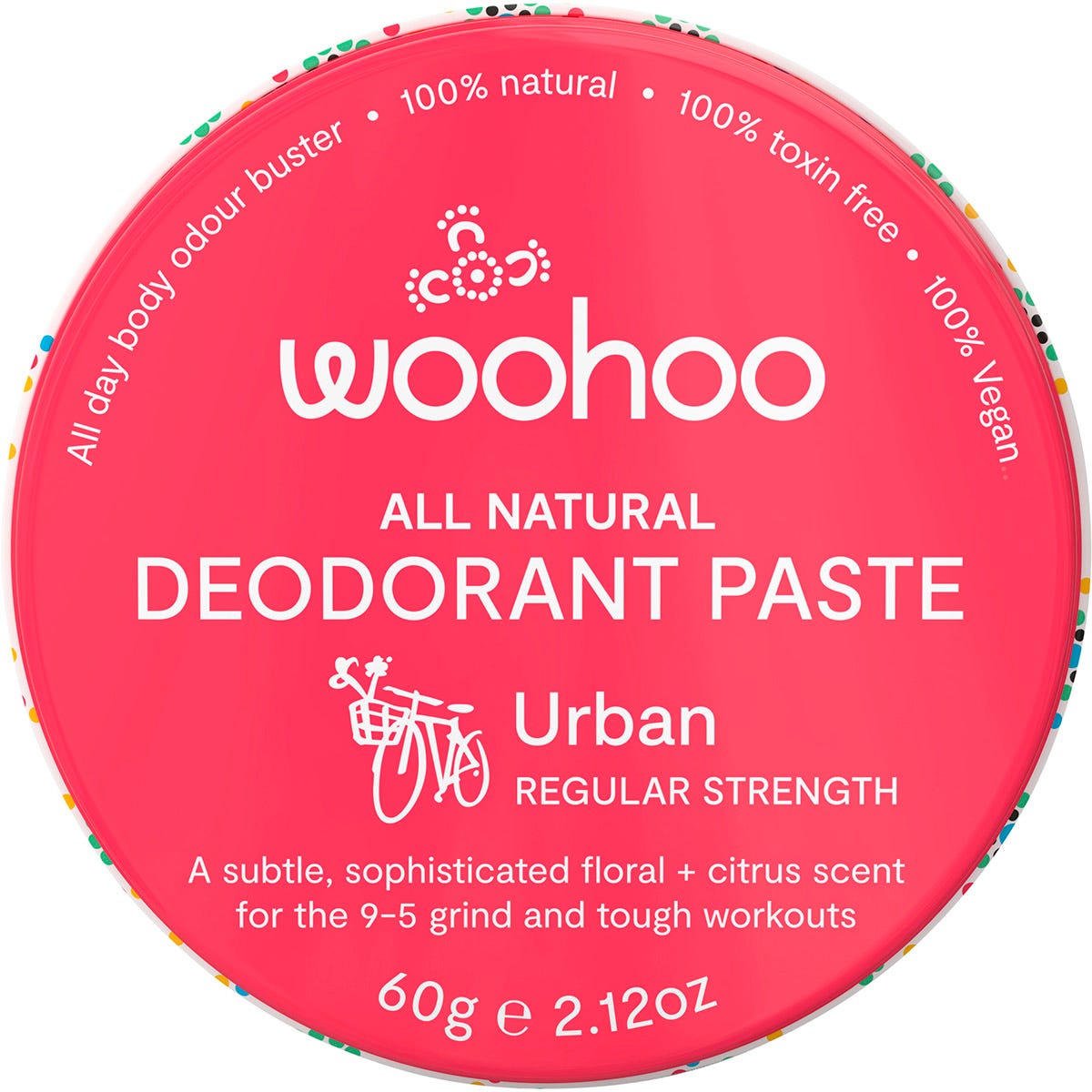 60g tin of Woohoo Body Urban regular strength natural deodorant paste.