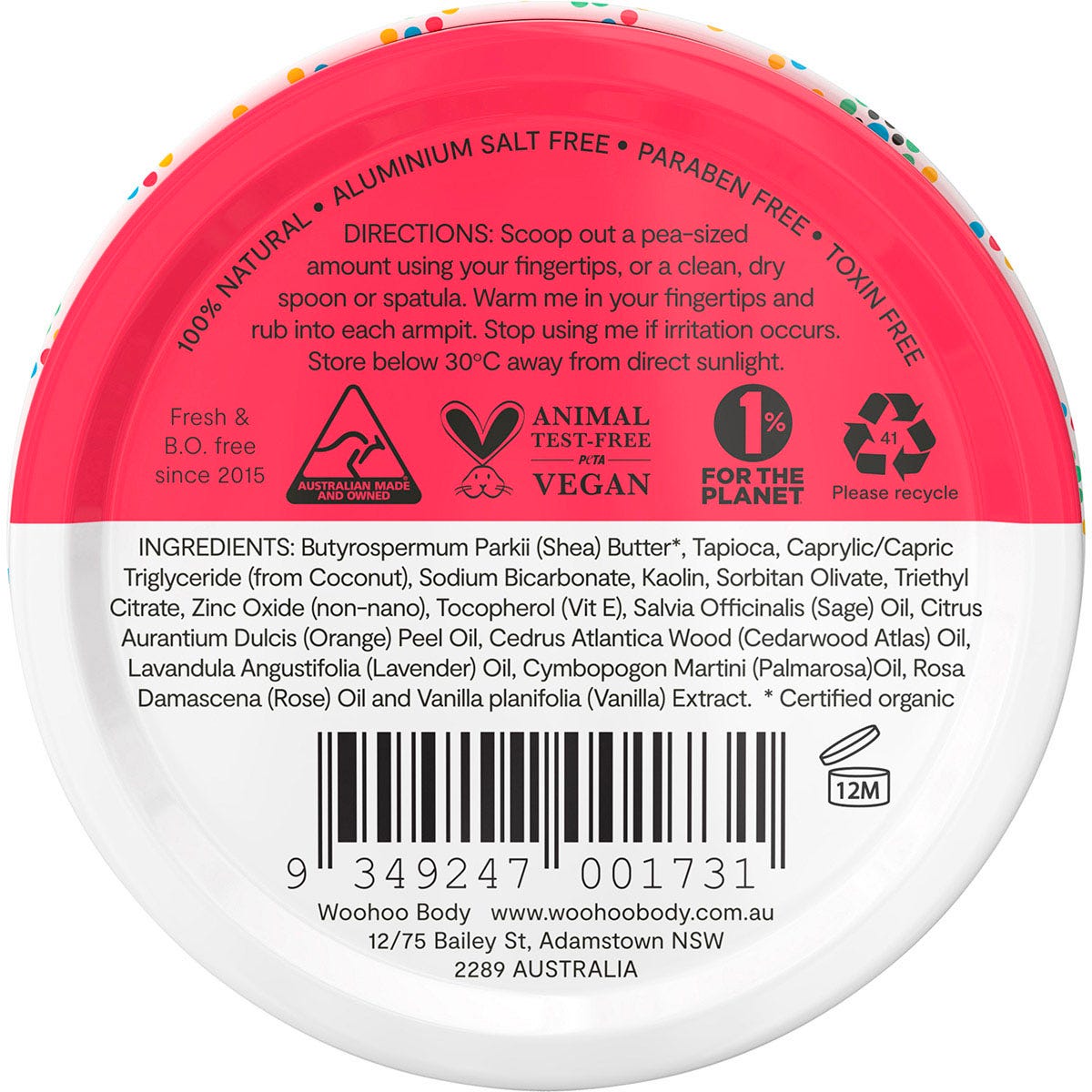 Back of 60g Woohoo Urban deodorant tin showing ingredients, usage directions, and Australian-made logo.