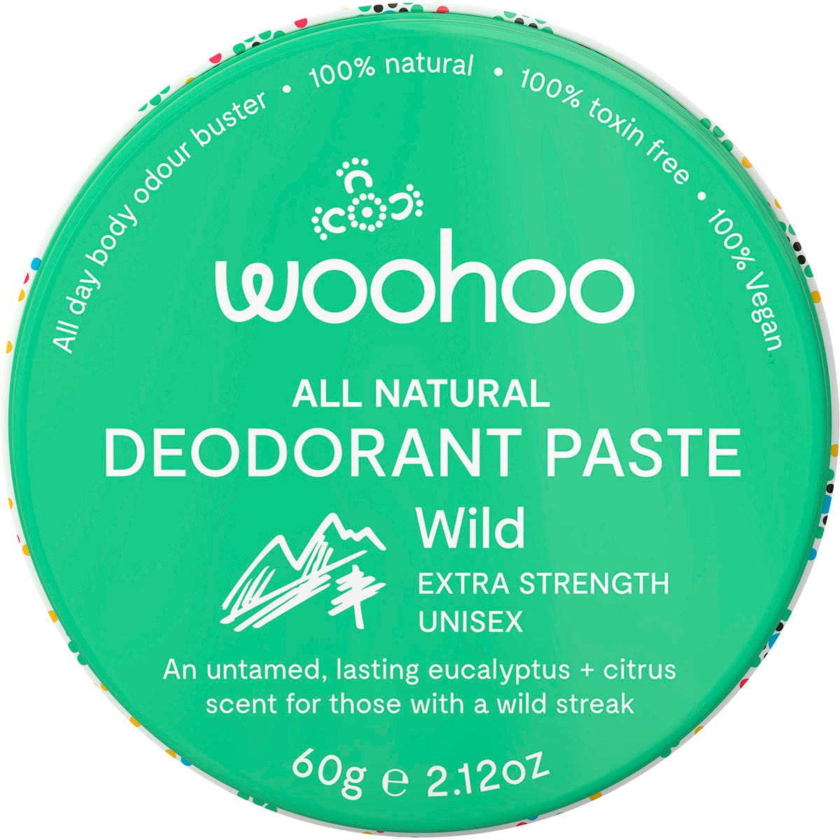 60g tin of Woohoo Body Wild Extra Strength Deodorant Paste, a 100% natural, plastic-free deodorant.