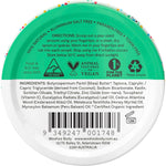 Back of a 60g Woohoo Wild Deodorant tin with ingredients, directions, and a 100% natural, plastic-free label.