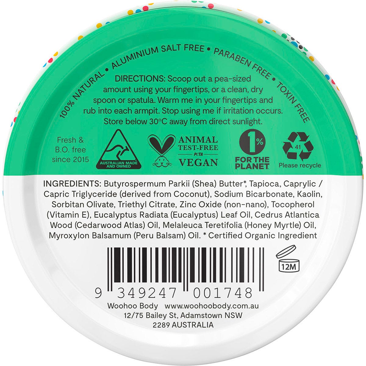 Back of a 60g Woohoo Wild Deodorant tin with ingredients, directions, and a 100% natural, plastic-free label.