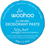Woohoo Body Surf regular strength natural deodorant paste in a 60g recyclable blue and yellow tin.