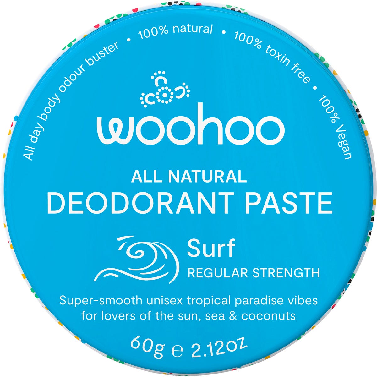 Woohoo Body Surf regular strength natural deodorant paste in a 60g recyclable blue and yellow tin.