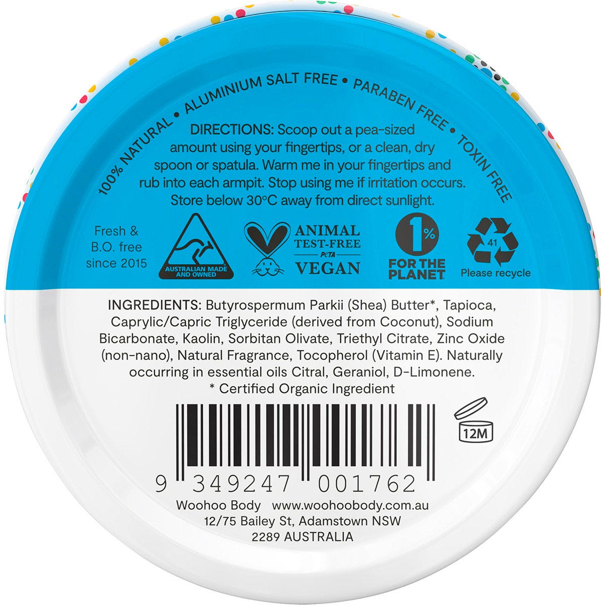 Back of Woohoo Surf Deodorant Paste 60g tin with directions for use and ingredients list on a white background.