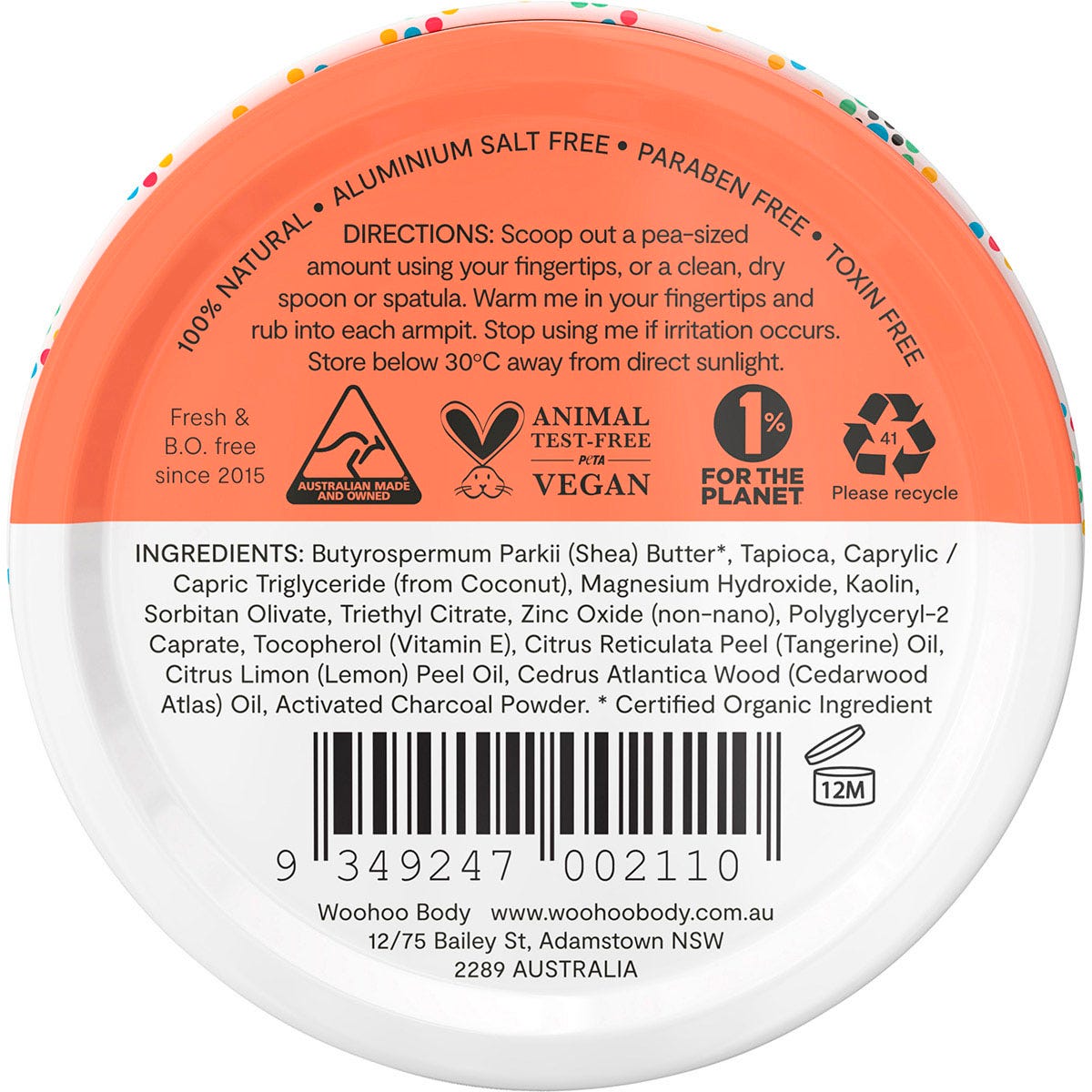 Back of a 60g Woohoo Body Tango Deodorant tin with ingredients, directions, and a 100 percent natural logo.