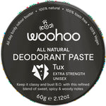60g black tin of Woohoo Body Tux Extra Strength Deodorant Paste with bergamot and patchouli scent.