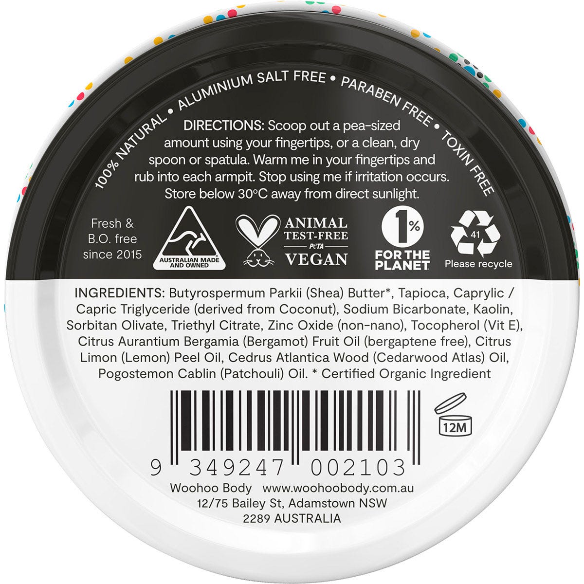Back of 60g Woohoo Body Tux deodorant tin with ingredients, usage directions, and storage information.