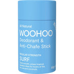 60g tube of Woohoo Body Surf regular strength natural deodorant and anti-chafe stick in a blue cardboard tube.