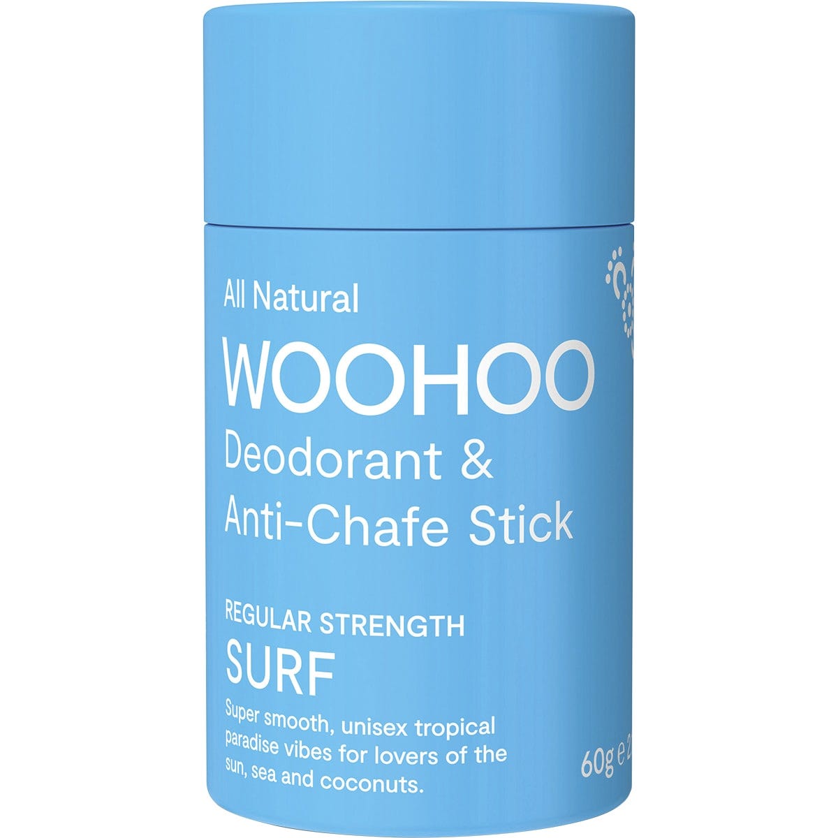 60g tube of Woohoo Body Surf regular strength natural deodorant and anti-chafe stick in a blue cardboard tube.