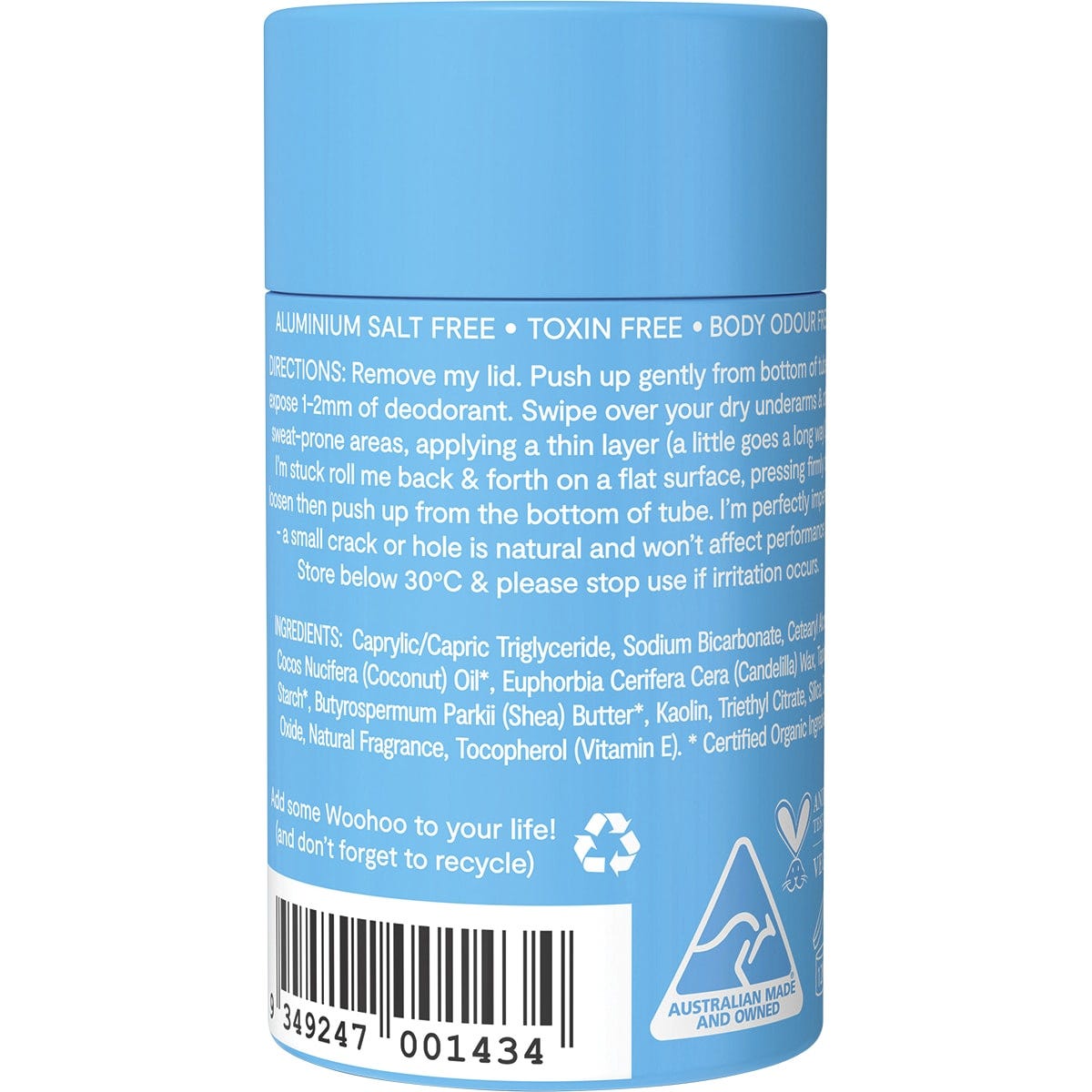 Back of 60g Woohoo Surf deodorant tube with directions, ingredients, and storage information on a blue background.